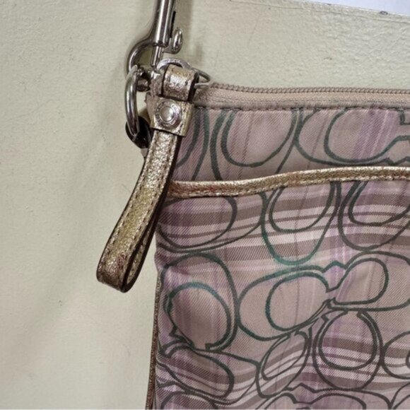 Coach CC Small Crossbody Shoulder Bag Fabric Check Metallic Leather Zip Pocket - Picture 2 of 16